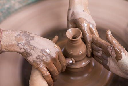 Potter, argile, faire, artiste, travail, roue, poterie