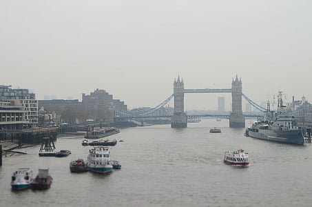 boats, bridge, london, rainy, transportation, architecture, bridge - man made structure
