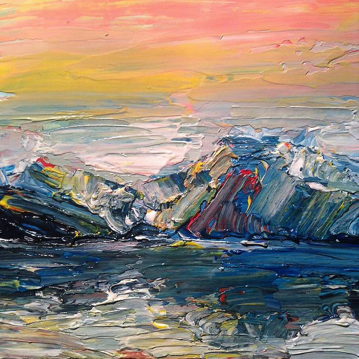 muntanyes, posta de sol, pintura, peyzvzh, marí, roques, cel