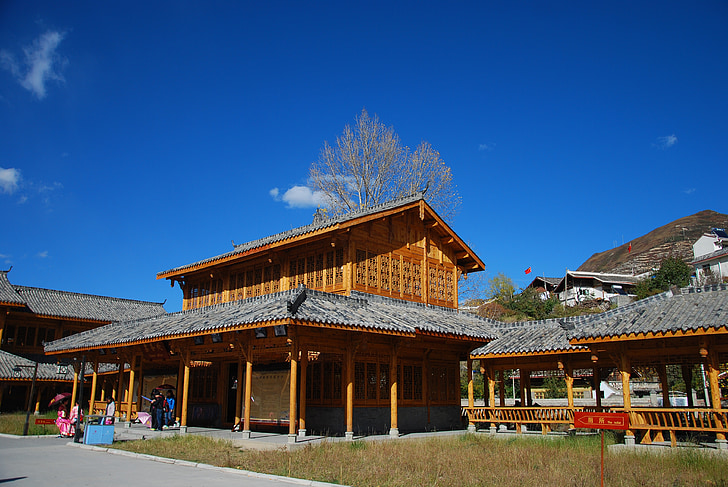hus, blå himmel, landskabet, træhus, asiatisk stil