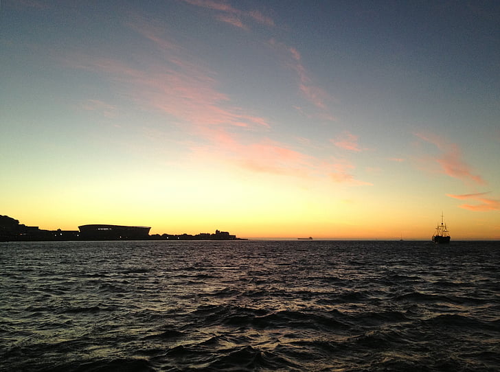 silhouette, boat, sailing, sea, golden, hour, ocean