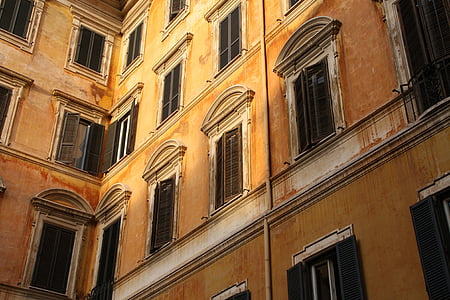 茶色, コンクリート, 建物, 古い, windows, 詳細, ファサード