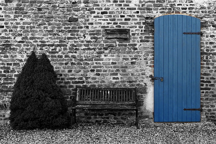 uks, eesmärk, vana ukse, sisend, puit, seina, telliskivisein
