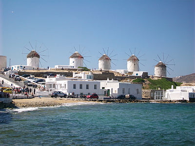 вятърни мелници, Katakolon, Гърция, море, Миконос, Егейско море