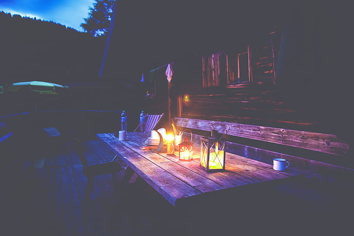 wooden, picnic, table, lamps, night, time, photography