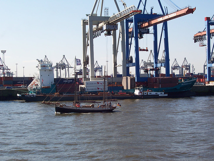 порт, контейнер козлови кран, пристанище Хамбург, пристанищни дейности, пристанищно съоръжение, пристанище, морски кораб
