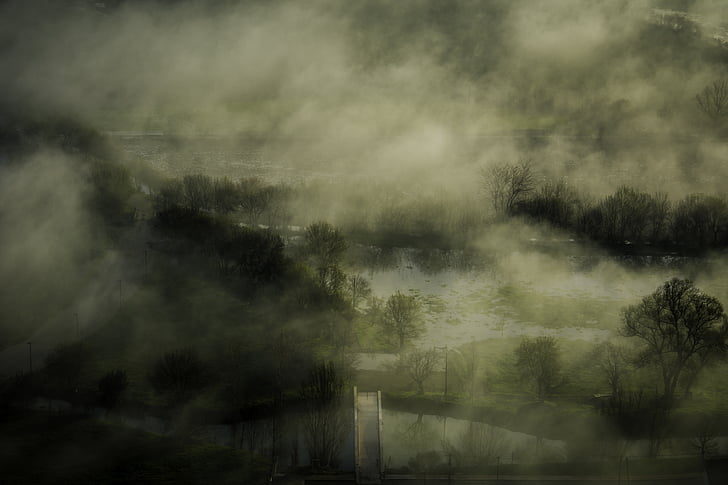 rivier, mist, stoom, nevel, landschap, ochtend, water