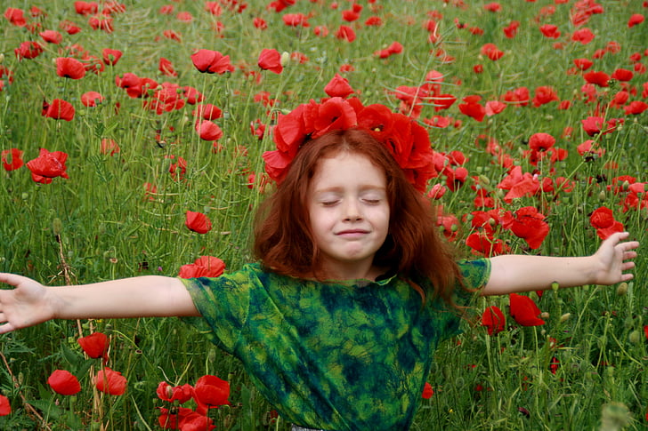 Κορίτσι, παπαρούνες, κόκκινο, κόκκινα μαλλιά, στρατόπεδο, λουλούδι, φαντασία
