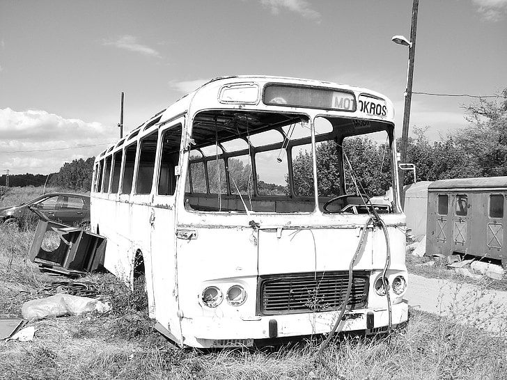 xe buýt, giao thông vận tải, xe tải, cũ, phân rã, màu đen và trắng