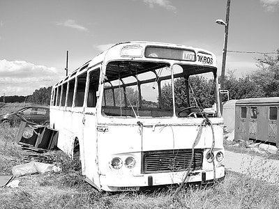 buss, transport, lastebil, gamle, forfall, svart-hvitt