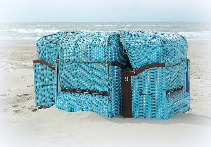 Beach, Dovolenka, modrá, stoličky, more, modrá obloha, piesok