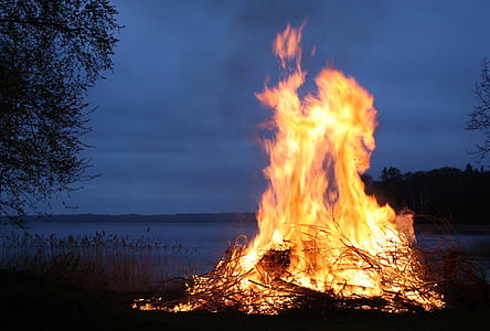 sweden, fire, flames, bonfire, sky, clouds, night