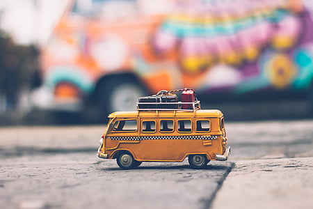 bus, véhicule, jouet, voyage, réflexion, flou, bokeh
