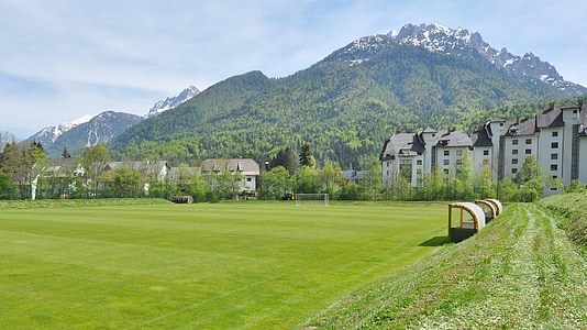 football, football field, green, grass, mountain, summer, architecture