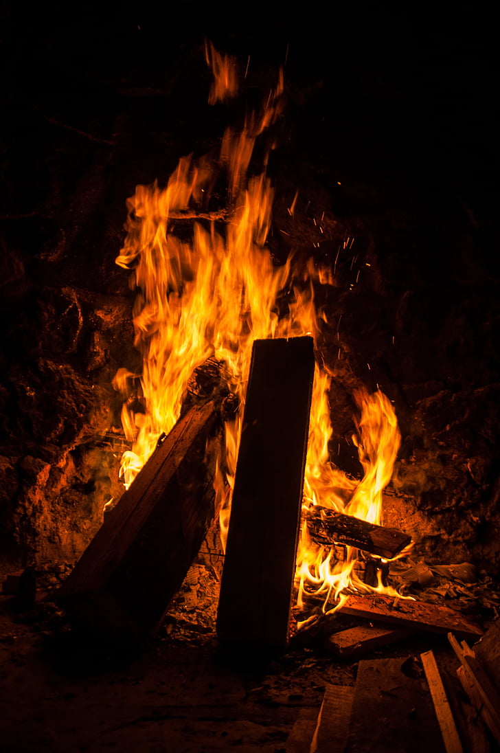 open fire, fire, wood, burn, blaze, flame, fireplace