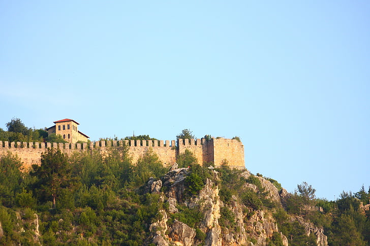 Castillo, Alanya, Torre, bosque, jardín, montaña, panorámica