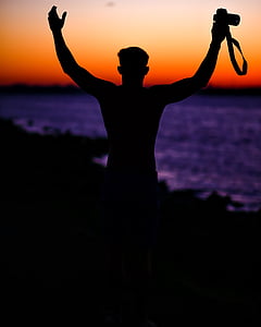 strand, man, persoon, fotograaf, zee, silhouet, zonsopgang