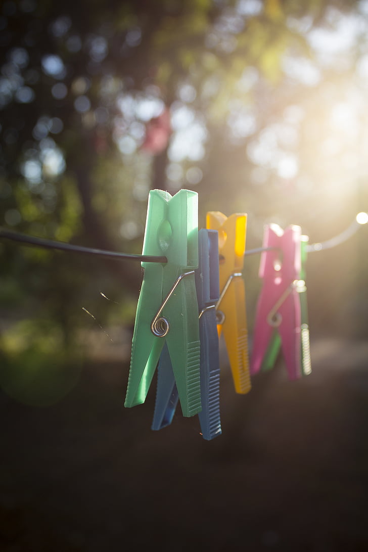 clothespins, šarene, boje, šareni, boje, zraka sunca, vješanje
