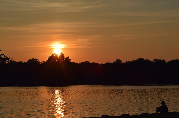 sunset, lake, silhouette, man sitting, shore, water, nature