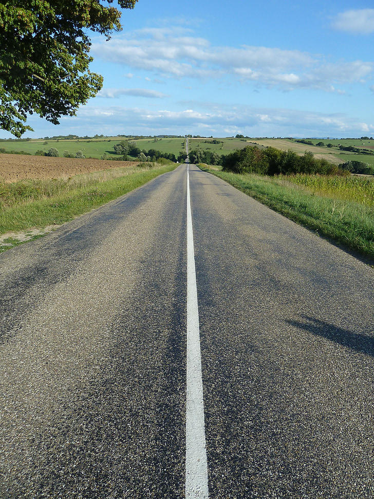 road, just, straight, asphalt, straight road, landscape, fields