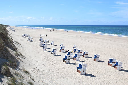 plajă, nisip, ocean, scaune, corturi, apa, albastru