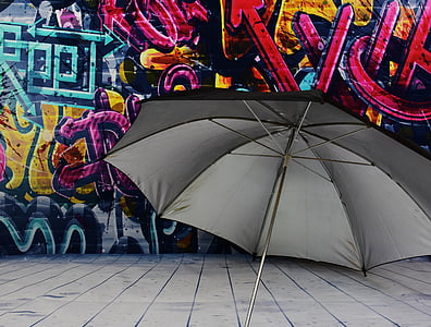 umbrella, screen, protection, rain, wall, graffiti, colorful