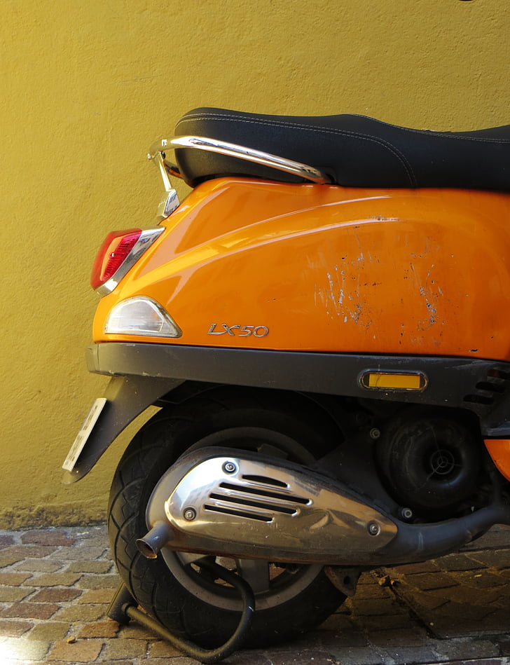 lx50, vespa, orange, roller, exhaust, scratches, retro