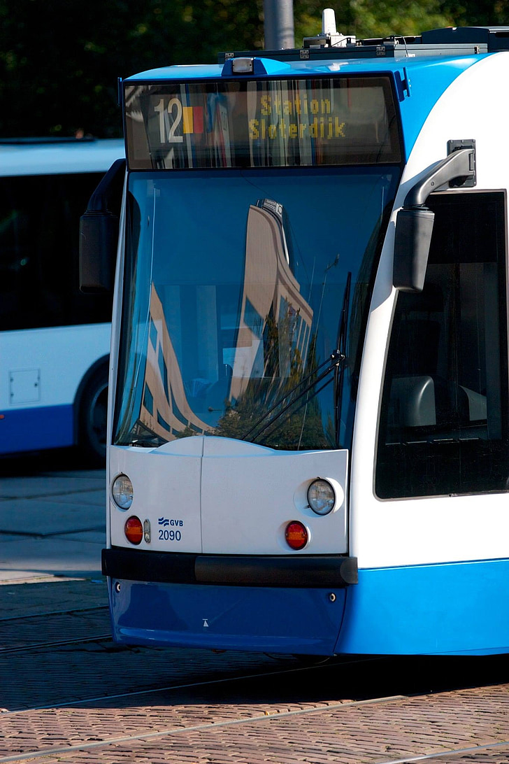 Straßenbahn, öffentliche Verkehrsmittel, Amsterdam, Niederlande, Stadt, Amstel station, Blau