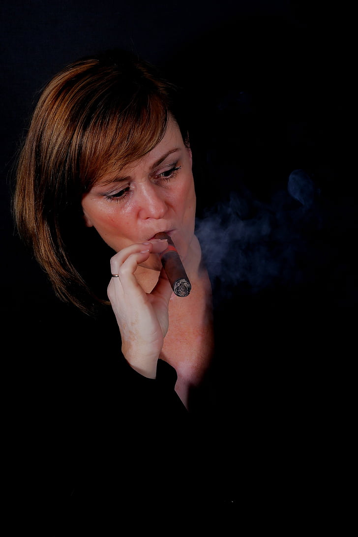 woman, cigar, portrait, lowkey, studio, dark, smoke