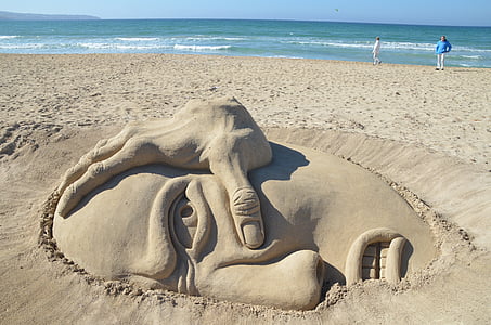 plage de sable, art, oeuvre, sculpture de sable