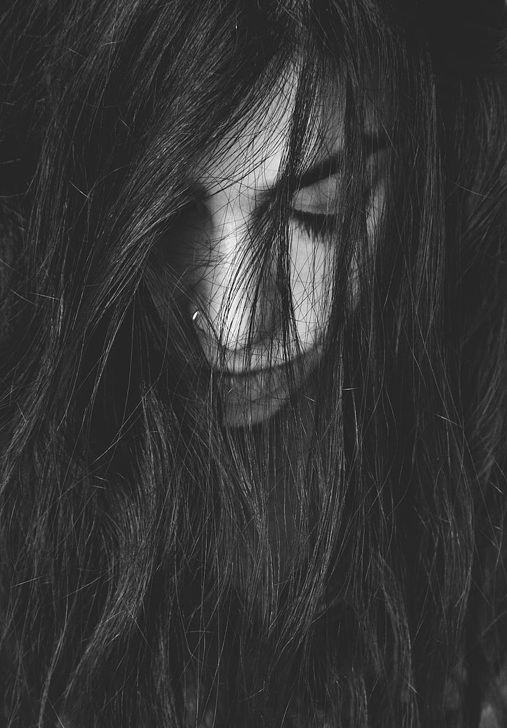 grayscale, photo, woman, eye, hair, closed, adults only