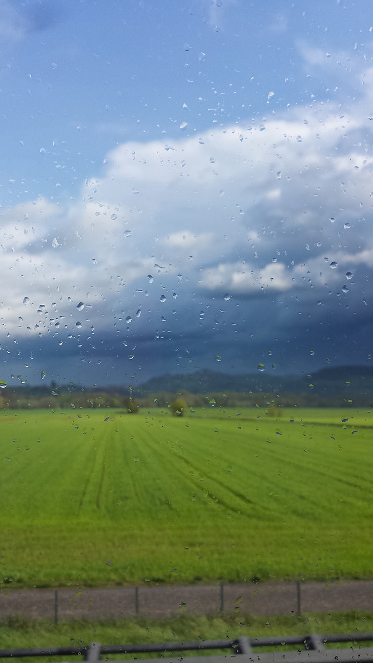 raindrops, rain, field, clouds, landscape, green, beautiful
