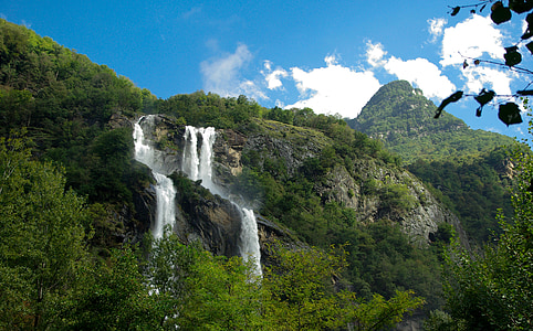 alps, cascade, waterfall, mountain, view, landscape, panorama