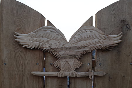 pájaro Turul, capa de brazos, talla, madera, cerca de, decoración, alas