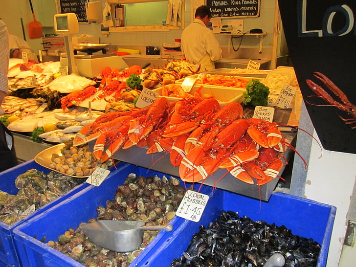 market stall, sea animals, lobster, crabs, market, fish market, fish