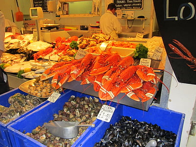tenda do mercado, animais marinhos, lagosta, caranguejos, mercado, mercado de peixe, peixe