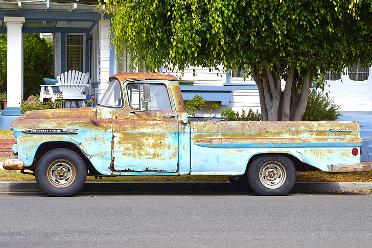 vozík, pick-up, rezavý, 1959 chevy apache
