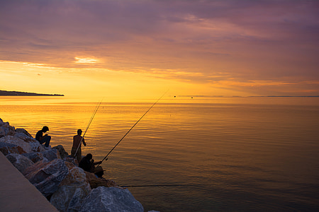 Ege Denizi, aydınlatılmış geri, renkli görüntü, kopya alanı, Dusk, Avrupa, balıkçı