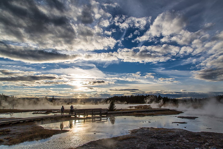 sunset, landscape, scenic, yellowstone national park, wyoming, geothermal, geology