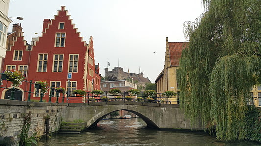 Gandawa, nad rzeką, Gent, Belgia, kanał, Most, archtecture