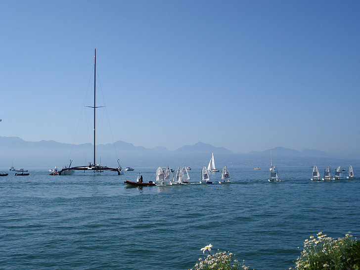 catamaran, alinghi, lake geneva, lausanne, switzerland, ouchy, sailing