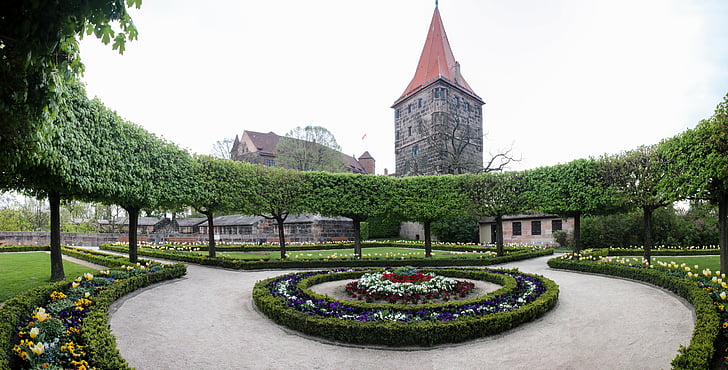 Nürnberg, Castle, Burggarten, torony, Burghof, tavaszi, építészet