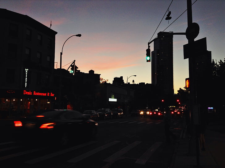 photo, voitures, en cours d’exécution, rue, coucher de soleil, aube, sombre