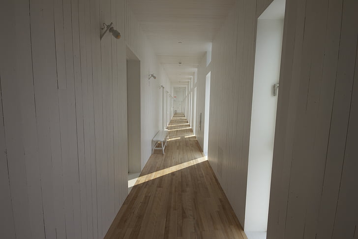 hallway, corridor, white, parquet, bench, endless, paneled