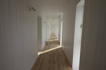 hodnik, koridor, bela, parket, klopi, neskončni, paneled