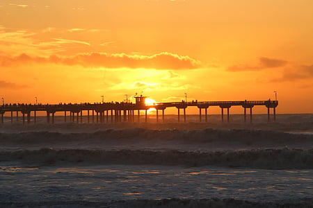 posta de sol, Califòrnia, oceà, paisatge, platja, ones, cel
