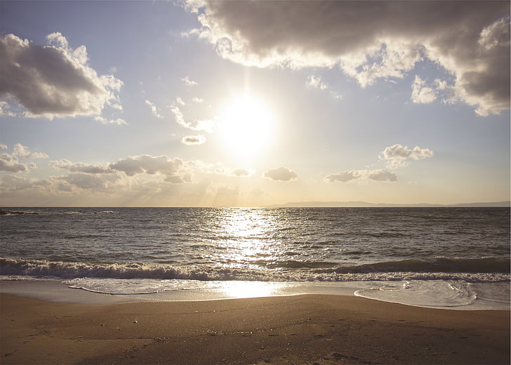 calm, sea, sunrise, beach, sand, shore, ocean