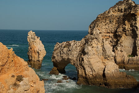 Portugália, Lagos, óceán, erózió, szikla, bárka, hullámok