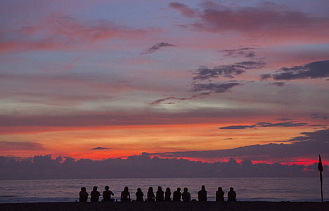 people, facing, ocean, beach, family, friends, sunset
