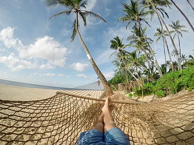 beach, blue sky, clouds, coconut trees, exotic, hammock, island